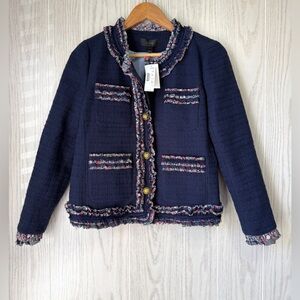 J.Crew Navy Tweed Jacket with Floral Ruffle Trim Size 4 NWT
